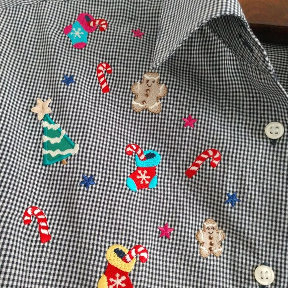 Karen Scott Embroidered Christmas Shirt Black White Gingham Check Snowman Large - Picture 3 of 8